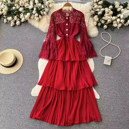 Casual Dresses Women 2023 Spring Autumn New Solid Lace Stand Flare Skeeve Long Dress Vintage French Chic Fashion Wild Vestidos