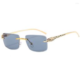 Sunglasses Rimless Rectangle Vintage Metal Leopard Head Women Fashion Frameless Tinted Shades For Men UV400