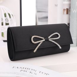2023 Fashion Black Bow Rhinestone black evening wristlet - Designer Solid Color Shoulder Crossbody Handbag with Chain Strap and Satin Flap for Women