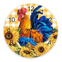 Wall Clocks Rustic Farm Chicken Sunflower Plaid Home Decor Modern Kitchen Room Bedroom Living Clock