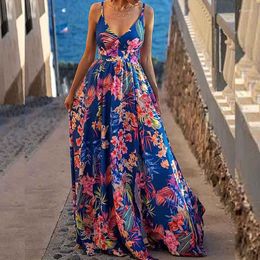 Casual Dresses Summer Maxi Dress Women Sleeveless Beachwear Sundress Holiday Style V Neck Hem Split Floral Female Clothes Sling Vestido