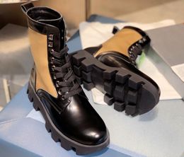 2023 Designer Paris Leather Nylon Combat Boots Cross Tied Rivet Triangle Pattern Ankle Short Booties Flat Platform Brand Sneakers With Box