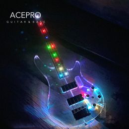 Renkli renk LED'ler 4 String LED Işık Akrilik Basar Gitar Kristal Vücut Akçaağaç Boyun Yüksek Kalite Ücretsiz Kargo