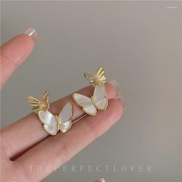 Hoop Earrings Temperament Mother Of Pearl Butterfly Korean Style Simple And Versatile Double For Two Ear Rings