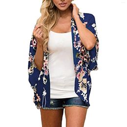 Women's Blouses Women Fashion Floral Print Chiffon Cardigan Short Sleeve Loose Beach Wear Cover Up Womens Open Front For Winter
