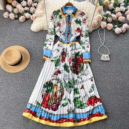 Casual Dresses 2023 Vintage Contrast Colour Printed Long Party Dresses for Women 2023 Runway Elegant Turn Down Neck Long Sleeve Pleated Dress