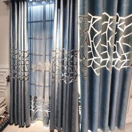 Curtain Blue Gilded Jacquard Velvet With Hollowed Out Embroidery Window Curtains For Living Room Bedroom Balcony Customized Products