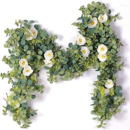 Decorative Flowers Artificial Long Vine Garland Green Eucalyptus With White Rose Party Wedding Arch Background Wall Decoration