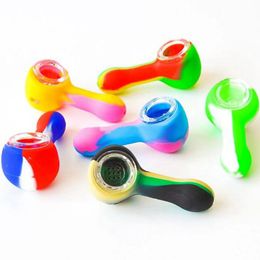 Colourful Silicone Hand Pipes Portable Mini Round Head Glass Nineholes Philtre Screen Replaceable Bowl Herb Tobacco Cigarette Holder Bong Smoking Pocket Tube