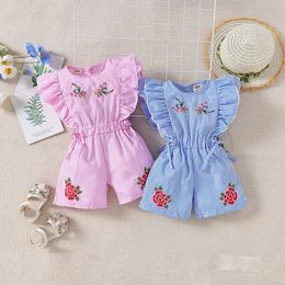 Summer Kids Baby Stripe Onesies Ruffles Sleeve Embroidery Flower Short Rompers Child Babies Girls Overalls Jumpsuits