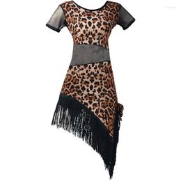 Stage Wear 2023 Women Ballroom Latin Dance Dress Costume Female Adult Leopard Print Tassel Performance Sexy Mesh Stitching