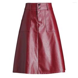 Skirts Office Midi Women Leather Maxi Skirt Female Ladies High Waist Pocket 2023 Autumn Red Black Formal