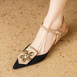 Women's 8799 Sandals Genuine Leather Patchwork 5Cm Thin High Heel Pointed Toe Metal Flower Decoration Elegant Ladies Summer Pumps