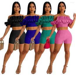 Women's Tracksuits Fashionable Ruffles Slash Neck Crop Top Summer High Waist Skinny Shorts Two Pieces Set For Club Casual Outfits 2023