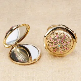 Creative Gift Compact Mirrors Fashion Gold Color Crystal Inlaid Mini Makeup Mirror 2 Face Pocket Cosmetic Mirror Tools