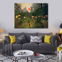 Jungle Animals Canvas Wall Art Hand Painted Negro Attacked by A Jaguar Henri Rousseau Painting for Sale High Quality