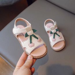 Girls' Sandals 2023 New PU Cherry Pattern Hook and Loop Fashion Children's Casual Shoes Summer Flat Color Matching Cool G220612
