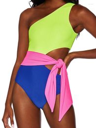 Women's Swimwear One Piece Swimsuit 2023 Sexy Neon Patchwork Monokini Shoulder Bandage Women Bath Suit Summer Beach Bodysuit