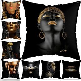 Pillow 45x45cm Modern Living Room Black Gold African Lady Woman Style Look Art Deco Sofa Pillowcase Cover For Home Decor Gifts