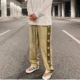 Pants Hip Hop Suede Love Embroidered Letters Casual Pants Mens Straight Colour Block Drawstring Loose Trousers High Street Track Pants