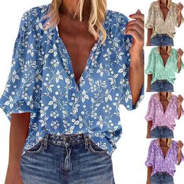 Women's Blouses Women's Long Sleeved Loose Top Floral Printed Sleeve Casual T Shirt Women Solid Colour Button Up Shirts For Womens Tee