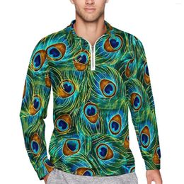 Men's Polos Peacock Feather Polo Shirts Daily Colourful Print Zip Casual Shirt Long Sleeves Turn-Down Collar Retro Design Oversized T-Shirts