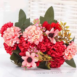 Dried Flowers Bouquet Artificial Hydrangea Silk Fake Ball Flower with Leaves flores for DIY Home Garden Wedding Decoration