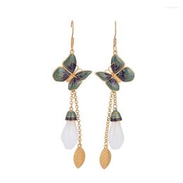 Dangle Earrings Chinese Style Cheongsam Vintage Butterfly Drop Natural Jade Tassel Jewellery For Women Wedding