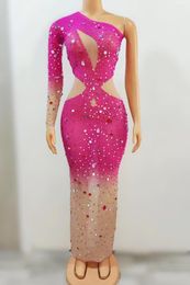 Stage Wear 4 Colours Rhinestones Transparent Long Dress Evening Birthday Celebrate Single Shoulder Costume Women Dance Sexy Jianjian