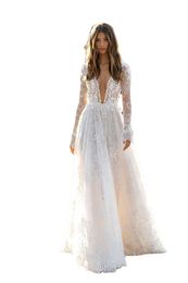 Modest Long Sleeves beach Boho Wedding Dresses Sexy Deep V Neck A Line Lace Wedding Dresses Bridal Gowns vestidos de noiva