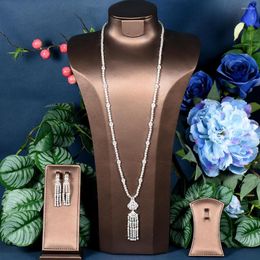 Necklace Earrings Set HIBRIDE Trendy Long Sweater And Earring For Women Wedding Party CZ African Dubai Bridal Jewelry N-1300