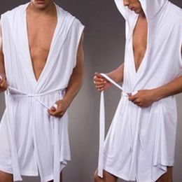 Men's Robes Men's Summer Milk Silk Bathrobe Hooded Sleeveless Bathrobe Pyjamas Slimming Medium And Long Fitting Household Clothing 230612