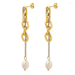 Hoop Earrings Fashionable Design European And American Ins Style Baroque Freshwater Pearl Chain In Steel Plated With 18K Gold