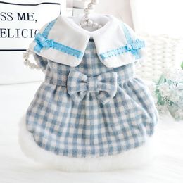 Clothing Dog Clothes Winter Cat Princess Dress Blue Plaid Bow Dog Dress for Small Medium Dogs Skirt Outfit Dog Jacket