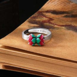 Cluster Rings Enamel Colourful Lotus Ring Women's China-Chic Simple Retro Cloisonne Adjustable With Opening