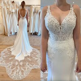 Mermaid Wedding 2023 Dresses Bridal Gown Lace Applique Sweep Train Chiffon Backless Covered Buttons Custom Made Straps Plus Size Robe De Mariee