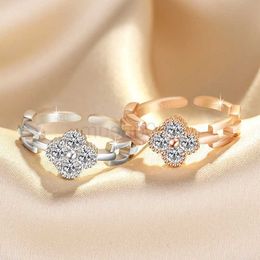 Band Rings korean sweet fashion clover designer band rings for women cz zircon shining crystal open silver rose gold ring party Jewellery gift J0612