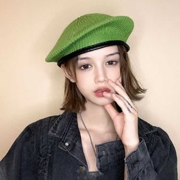 Berets Fashion women's hats all match Korean green Beret spring summer leather edge personalized paint hat G230612