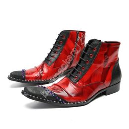 Fashion Rock Herrenstiefel zum Schnüren, schwarz, rot, kurze Herrenstiefel aus echtem Leder für Party und Hochzeit, Business, 38–46