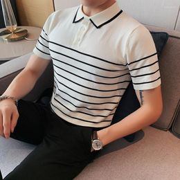 Men's Polos Striped Knitted Ice Silk Short-sleeved POLO Shirt Men's Summer Slim Fit Breathable Business Casual Lapel T-shirt S-4XL