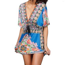 Casual Dresses Women's Dress Summer V Neck Loose Milk Silk Boho Print Skirt Beach Large Size Light Business With Pockets