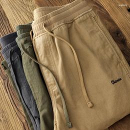 Men's Pants Men's 575# Spring American Retro Woven Cargo Tapered Men's Fashion Pure Cotton Washed Elstic Waist Straight Casual