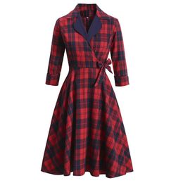 Dresses SISHION Classic England Style Red Plaid Dress Women Spring 3/4 Sleeves Turn Down Collar A Line 50s Vintage Party Dress VD1620