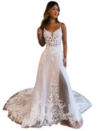 Glamorous Sleeveless 3D Flowers Lace Wedding Dresses Spaghetti Straps Split Side Full Appliqued Covered Buttons Plus Size Bridal Wedding Gowns