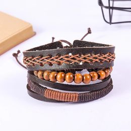 Vintage Brown Bead Bracelets for Men Fashion Hollow Leather Bracelet & Bangles Multilayer Wide Wrap Couple Jewellery
