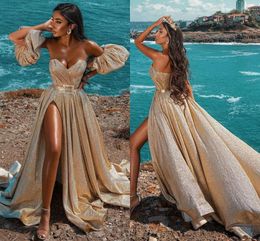 2023 Vestidos de noite com lantejoulas douradas formais árabes divididos em uma linha vestidos de festa queridos sem costas sexy femininos robe de soriee vestidos de baile longos