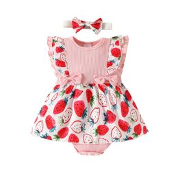 Jumpsuits Baby Girl Bodysuit Knitted Ribbon Sunflower Printed Flying Sleeves Ski Hem Jumpsuit with Bow Headband G220606