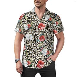 Men's Casual Shirts Gold Leopard Print Shirt Red White Floral Vacation Loose Hawaiian Vintage Blouses Short-Sleeve Oversize Clothing