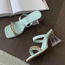 Slippers Transparent Chunky Heels Mules Slippers Ladies Fashion Metal Chain Design Pink Sandals For Women Open Toe Gladiator Shoes Slides J230612