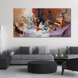 Figurative Canvas Abstract Art Coffee Still Life Hand Painted Artwork Romantic House Decor
